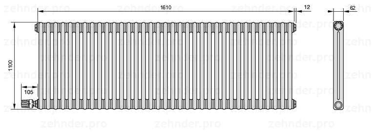 Схема (чертеж) Радиатор Zehnder Charleston 2110/35 №V003 Белый глянцевый RAL 9016